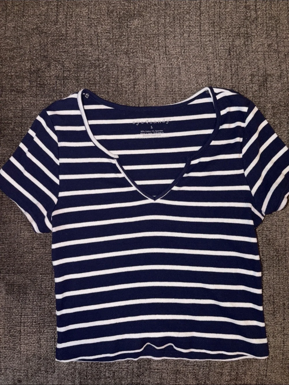 eye candy Navy and White Striped V‑Neck Short Sleeve Top